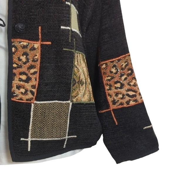 Vintage 90s Black Tapestry Jacket Geometric Animal‎ Print Patches Artsy Large - Picture 5 of 14